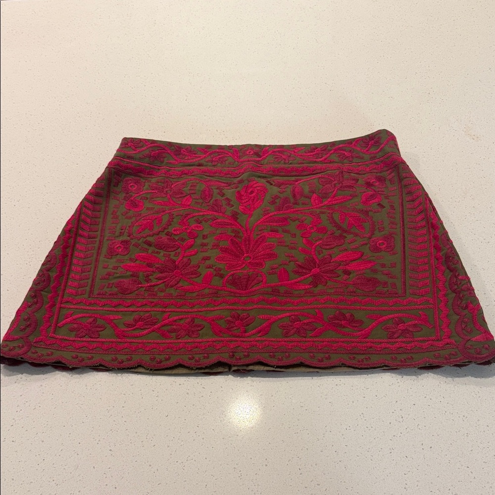 Chic Olive and Fuchsia Embroidered Mini Skirt
